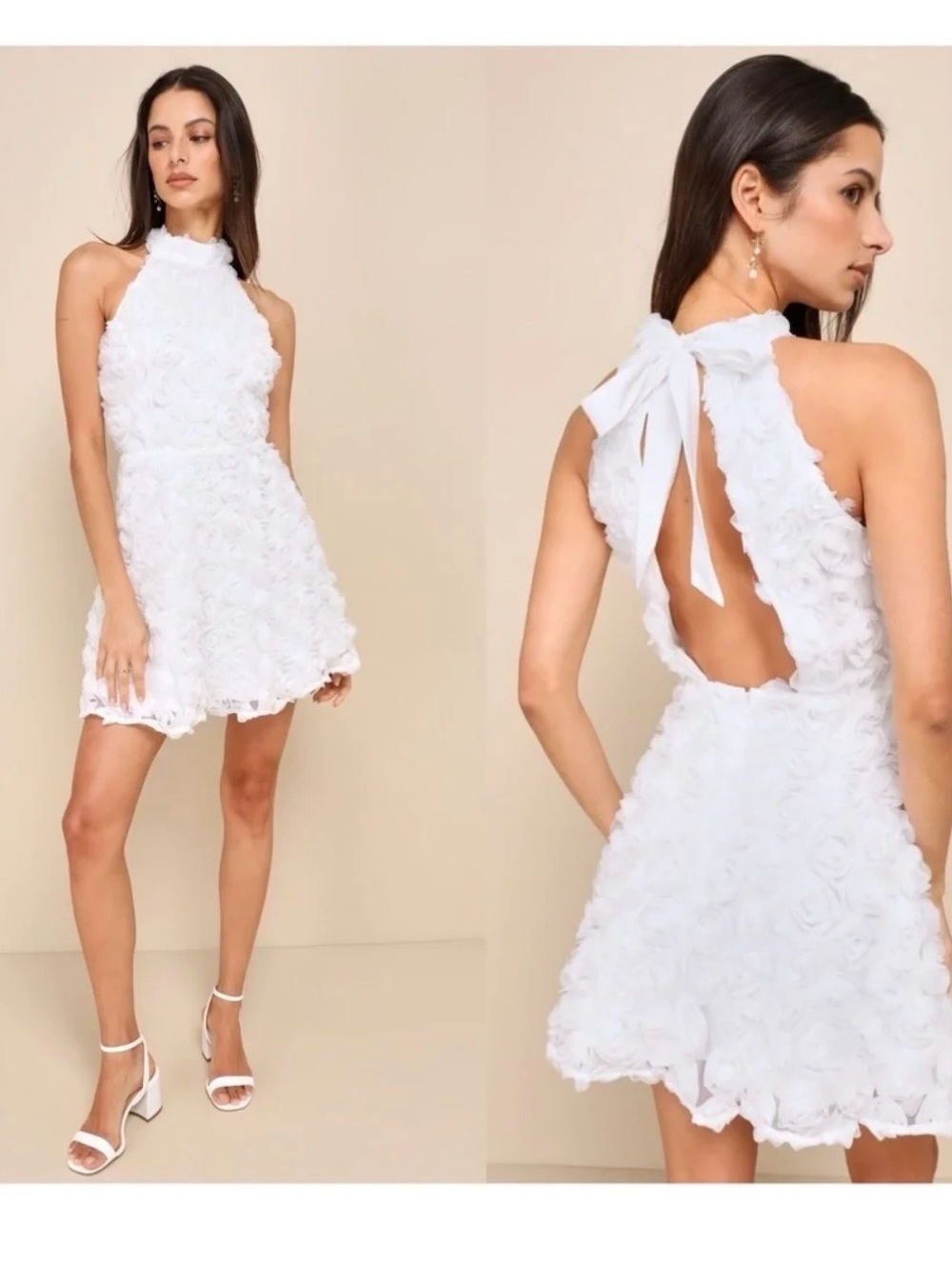 Lulu's White Backless Halter Floral Appliqué Mini Dress